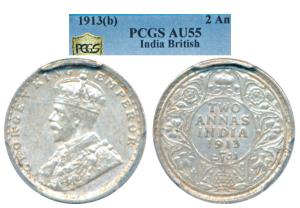 George V, Silver 2 Annas, 1913, Bombay Mint (Prid 572). Graded by PCGS AU55.