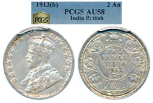 George V, Silver 2 Annas, 1913, Bombay Mint (Prid 572). Graded by PCGS AU58.