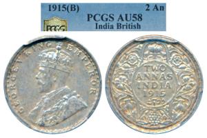 George V, Silver 2 Annas, 1915, Bombay Mint (Prid 574). Graded by PCGS AU58.