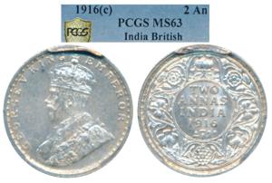 George V, Silver 2 Annas, 1916, Calcutta Mint (Prid 569). Graded by PCGS MS63.