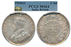 George V, Silver 2 Annas, 1916, Calcutta Mint, (Prid 569). Graded by PCGS MS64.