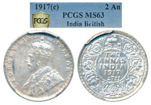 George V, Silver 2 Annas, 1917, Calcutta Mint (Prid 570). Graded by PCGS MS63.