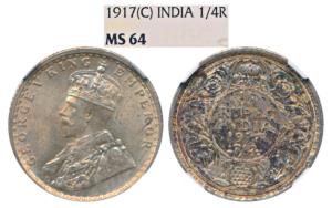 George V, Silver ¼ Rupee, 1917, Calcutta Mint, (Prid 446). Graded by NGC MS64.