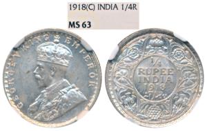 George V, Silver ¼ Rupee, 1918, Calcutta Mint, (Prid 447). Graded by NGC MS63.