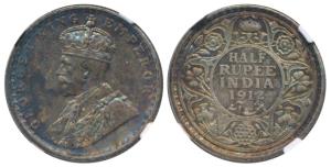 George V, Silver ½ Rupee, 1912, Bombay Mint (Prid 336). Graded by NGC MS62.