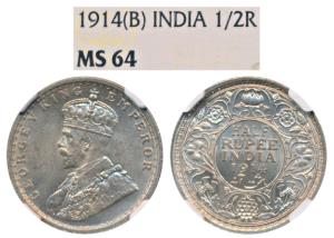 George V, Silver ½ Rupee, 1914, Bombay Mint, (Prid 338). Graded by NGC MS64.