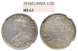 George V, Silver ½ Rupee, 1914, Calcutta Mint, (Prid 321). Graded by NGC MS63.