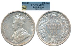 George V, Silver ½ Rupee, 1916, Bombay Mint, (Prid 340). Graded by PCGS AU58.