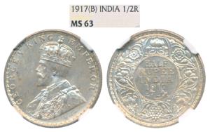 George V, Silver ½ Rupee, 1917, Bombay Mint (Prid 341). Graded by NGC MS63.