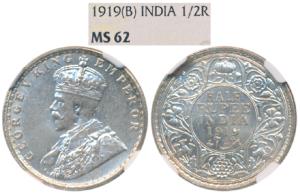 George V, Silver ½ Rupee, 1919, Bombay Mint (Prid 343). Graded by NGC MS62.