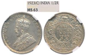 George V, Silver ½ Rupee, 1923, Calcutta Mint, (Prid 326). Graded by NGC MS63.