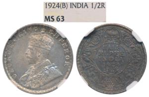 George V, Silver ½ Rupee, 1924, Bombay Mint (Prid 346). Graded by NGC MS64.