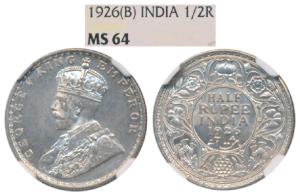 George V, Silver ½ Rupee, 1926, Bombay Mint, (Prid 348). Graded by NGC MS64.