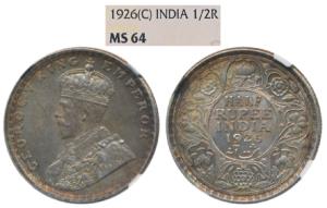 George V, Silver ½ Rupee, 1926, Calcutta Mint, (Prid 329). Graded by NGC MS64.