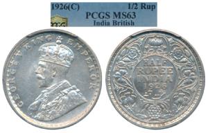 George V, Silver ½ Rupee, 1926, Calcutta Mint, (Prid 329). Graded by PCGS MS63.