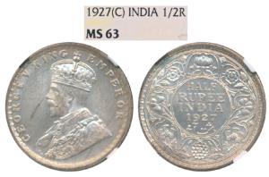 George V, Silver ½ Rupee, 1927, Calcutta Mint (Prid 330). Graded by NGC MS63.
