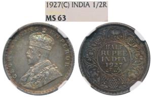 George V, Silver ½ Rupee, 1927, Calcutta Mint (Prid 330). Graded by NGC MS63.