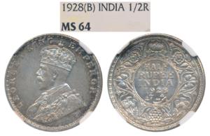 George V, Silver ½ Rupee, 1928, Bombay Mint (Prid 349). Graded by NGC MS64.