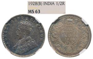 George V, Silver ½ Rupee, 1928, Bombay Mint (Prid 349). Graded by NGC MS63.
