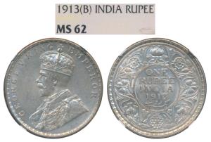 George V, Silver Rupee, 1913, Bombay Mint, (Prid 219). Graded by NGC MS62.