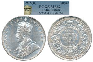 George V, Silver Rupee, 1913 Bombay Mint, (Prid 219). Graded by PCGS MS62.