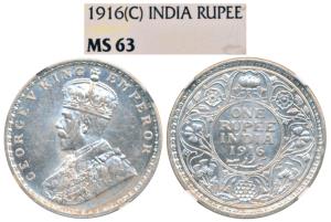 George V, Silver Rupee, 1916, Calcutta Mint (Prid 212). Graded by NGC MS63.