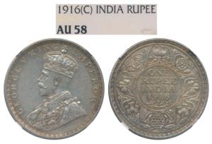 George V, Silver Rupee, 1916, Calcutta Mint, (Prid 212). Graded by NGC AU58.