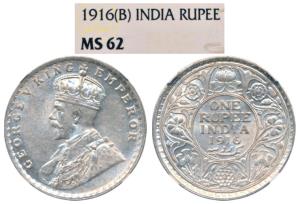 George V, Silver Rupee, 1916, Bombay Mint (Prid 222). Graded by NGC MS62.