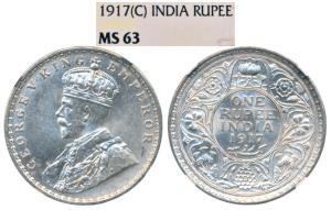 George V, Silver Rupee, 1917, Bombay Mint (Prid 223). Graded by NGC MS63.