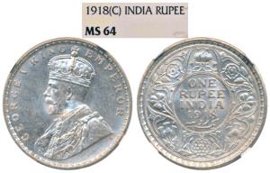 George V, Silver Rupee, 1918, Calcutta Mint (Prid 214). Graded by NGC MS64.
