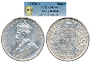 George V, Silver Rupee, 1918, Calcutta Mint (Prid 214). Graded by PCGS MS64.