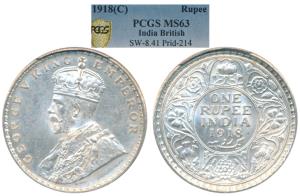 George V, Silver Rupee, 1918, Calcutta Mint, (Prid 214). Graded by PCGS MS63.