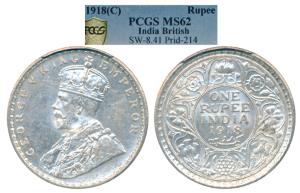 George V, Silver Rupee, 1918, Calcutta Mint, (Prid 214). Graded by PCGS MS62.