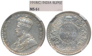 George V, Silver Rupee, 1918, Calcutta Mint, (Prid 214). Graded by NGC MS61.