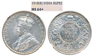 George V, Silver Rupee, 1918, Bombay Mint, (Prid 224). Graded by NGC MS64+.
