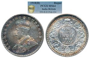 George V, Silver Rupee, 1918, Bombay Mint (Prid 224). Graded by PCGS MS64.