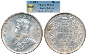 George V, Silver Rupee, 1919, Calcutta Mint (Prid 215). Graded by PCGS MS64.