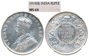 George V, Silver Rupee, 1919, Bombay Mint (Prid 225). Graded by NGC MS64.