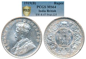 George V, Silver 1 Rupee, 1919, Bombay Mint (Prid 225). Graded by PCGS MS64.