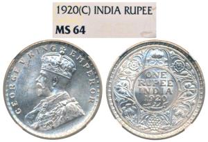 George V, Silver Rupee, 1920, Calcutta Mint, (Prid 216). Graded by PCGS MS64.
