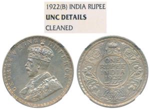 George V, Silver Rupee, 1922, Bombay Mint, (Prid 228). Graded by NGC UNC Details Cleaned.