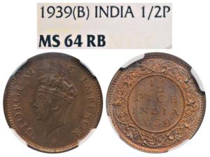 George VI, Bronze ½ Pice, 1939, Bombay Mint, (Prid 773). Graded by NGC MS64.