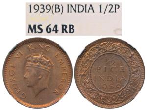 George VI, Bronze ½ Pice, 1939, Bombay Mint (Prid 773). Graded by NGC MS64RB.
