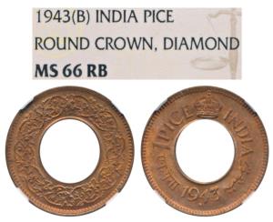 George VI, Bronze Pice, 1943, Bombay Mint, Round crown, Diamond, (Prid 700). Graded by NGC