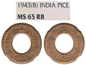 George VI, Bronze Pice, 1943, Bombay Mint. Graded by NGC MS65 RB. According to NGC census,
