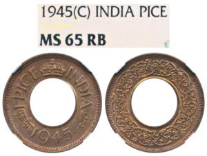 George VI, Bronze Pice, 1945, Calcutta Mint, (Prid 696). Graded by NGC MS65 RB. According 