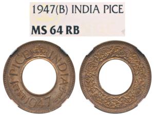 George VI, Copper, Pice, 1947, Bombay Mint (Prid 704). Graded by NGC MS64 RB. According to