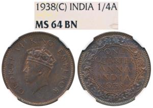 George VI, Copper ¼ Anna, 1938, Calcutta Mint (Prid 684). Graded by NGC MS64 BN.