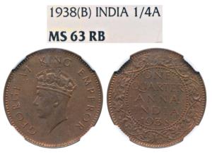 George VI, Copper ¼ Anna, 1938, Bombay Mint (Prid 689). Graded by NGC MS63 RB.