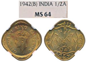 George VI, Cupro-Brass ½ Anna, 1942, Bombay Mint. Graded by NGC MS64.